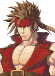  1boy belt brown_belt brown_hair commentary_request guilty_gear headband high_collar large_pectorals lionel_nakamura long_hair looking_at_viewer male_focus muscular muscular_male parted_lips pectorals red_eyes red_headband red_vest simple_background smile sol_badguy solo upper_body vest white_background 