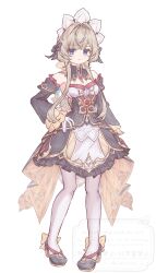  1girl absurdres bare_shoulders black_dress black_shoes blue_eyes bonnet brown_hair closed_mouth commentary_request detached_sleeves dress full_body fumicode2_3 genshin_impact gloves hand_on_own_hip highres long_sleeves looking_at_viewer pantyhose sandrone_(genshin_impact) shoes short_hair_with_long_locks simple_background solo standing white_background white_bonnet white_gloves white_pantyhose 