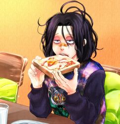  1boy bandaid bandaid_on_face bandaid_on_nose black_hair bread bread_slice chair character_print commentary_request cup diamond_wa_kudakenai eating elbow_rest food fried_egg fried_egg_on_toast half-closed_eyes hazamada_toshikazu holding holding_food jojo_no_kimyou_na_bouken long_sleeves male_focus messy_hair open_mouth plate raglan_sleeves sanpaku short_hair solo space_print starry_sky_print stray_cat_(jojo) table toast zel_(zelgatd) 
