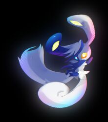 black_background bright_pupils commentary full_body fur glowing heterochromia highres marnie_(marnielovesyou) mega_meowstic mega_pokemon meowstic no_humans pokemon pokemon_(creature) pokemon_focus pokemon_legends:_z-a solo two-tone_fur white_pupils