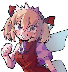  1girl blonde_hair blush bow clenched_hand commentary cookie_(touhou) grin hair_bow looking_at_viewer melanin_shikiso purple_shirt red_bow red_sweater_vest sharp_teeth shiriri_saikyo shirt short_hair simple_background smile solo sunny_milk sweater_vest teeth touhou two_side_up upper_body violet_eyes white_background zipper 