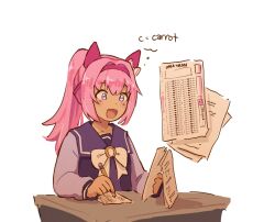  1girl academic_test animal_ears blush bow bowtie buruma desk ear_bow ear_covers flower-shaped_pupils flower_in_eye hairband haru_urara_(umamusume) headband holding holding_pencil horse_ears horse_girl long_hair long_sleeves nonnormalguy open_mouth pencil pink_buruma pink_eyes pink_hair pink_headband ponytail purple_sailor_collar purple_serafuku purple_shirt red_headband sailor_collar sailor_shirt school_desk school_uniform serafuku shirt smile solo speech_bubble symbol-shaped_pupils symbol_in_eye thought_bubble tracen_school_uniform umamusume white_bow white_bowtie writing 