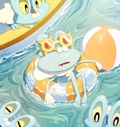  animal_focus ball beachball closed_eyes colored_sclera drooling floating froakie frog highres innertube ktbr_2 mouth_drool no_humans open_mouth pokemon pokemon_(creature) pokemon_focus pool poolside star-shaped_eyewear star_(symbol) staryu sunglasses swim_ring water yellow_sclera 