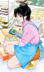 1girl apron bag_of_chips barcode_scanner black_hair blue_apron box brown_eyes cardboard_box chips_(food) collared_shirt convenience_store employee_uniform food full_body hanamaki_maria highres holding holding_barcode_scanner indoors konbini_maria looking_at_viewer looking_to_the_side medium_hair miura_mitsuru open_mouth orange_shorts pink_shirt ponytail potato_chips shirt shoes shop shorts sleeves_rolled_up smile socks solo squatting store_clerk striped_clothes striped_shirt teeth upper_teeth_only vertical-striped_clothes vertical-striped_shirt white_socks yellow_shoes 