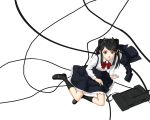  black_hair cable facsimile_machine hair_ribbon jacket mary_janes red_eyes ribbon shoes skirt socks twintails 