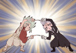  2boys anger_vein arm_up bandaged_arm bandages belt_pouch black_coat bow bowtie cape chibi chibi_only coat cracked_skin dr._stone facial_mark full_body gloves green_hair grey_bow grey_bowtie grey_hair holding ishigami_senkuu male_focus meme multicolored_hair multiple_boys ninomae_gin open_mouth pouch red_cape serious spiky_hair two-tone_hair white_gloves xeno_(dr.stone) 