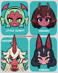  4girls animal_ears black_hair blue_background blue_eyes brown_hair colored_skin commentary extra_ears fang green_eyes green_hair grey_hair hairband horns kazuchi_(world_flipper) kemono_friends kinkaku_(kemono_friends) kujo_chiharu long_hair looking_at_viewer milky_subway multiple_girls neck_ribbon open_mouth panty_&amp;_stocking_with_garterbelt podophyll red_skin ribbon scanty_(psg) short_hair simple_background skull symbol-only_commentary world_flipper yellow_eyes 