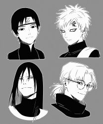  4boys absurdres closed_mouth commentary_request forehead_protector gaara_(naruto) glasses grey_background greyscale highres konohagakure_symbol korean_commentary long_hair looking_at_viewer m0_mo_momo male_focus monochrome multiple_boys naruto_(series) naruto_shippuuden orochimaru_(naruto) ponytail round_eyewear sai_(naruto) short_hair short_ponytail smile tattoo upper_body yakushi_kabuto 