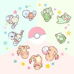  asakoline bulbasaur charmander claws closed_eyes food fruit happy no_humans one_eye_closed open_mouth peach poke_ball poke_ball_(basic) pokemon pokemon_(creature) red_eyes sitting smile squirtle star_(symbol) starter_pokemon_trio 