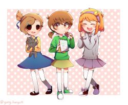  3girls aged_down alternate_hairstyle animification black_shoes blue_skirt blush bob_cut border brown_eyes brown_hair child closed_eyes commentary eddsworld ell_(eddsworld) english_commentary full_body green_shirt green_shoes grey_hoodie hair_bobbles hair_ornament hairband happy holding holding_notepad holding_stuffed_toy hollow_eyes hood hood_down hoodie looking_at_viewer low_twintails matilda_(eddsworld) multiple_girls notepad open_mouth orange_hair overall_skirt pac-man pac-man_(game) purple_hairband purple_skirt shirt shoes short_hair short_twintails skirt smile sneakers standing stuffed_animal stuffed_toy tamara_(eddsworld) teddy_bear thigh-highs tomee_bear_(eddsworld) topknot twintails white_border white_thighhighs yellow_shirt yellow_skirt yulazee 