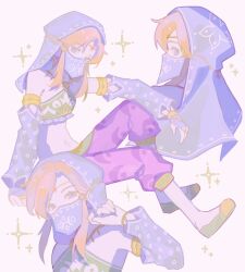  1boy a15179222 arabian_clothes bandeau bare_shoulders blonde_hair bridal_gauntlets circlet cropped_torso crossdressing crossdressing_(mtf) detached_sleeves flats full_body hair_between_eyes halterneck harem_pants highres link male_focus medium_hair midriff mouth_veil multiple_views navel official_alternate_costume pants parted_bangs purple_pants solo sparkle the_legend_of_zelda the_legend_of_zelda:_breath_of_the_wild veil 