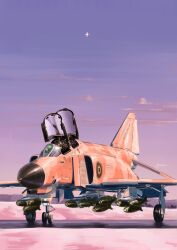  1boy absurdres aircraft airplane bomb canopy_(aircraft) clouds commentary_request commission explosive f-4_phantom_ii fighter_jet helmet highres kudryavka_trop landing_gear military_vehicle outdoors pilot pilot_helmet project_wingman roundel vehicle_focus 