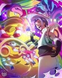  1boy absurdres beak black_gloves black_sclera blue_hair chimecho closed_mouth colored_sclera colored_skin commentary english_commentary fangs flower gloves green_eyes highres holding holding_flower james_(pokemon) leaf lukas_thadeu malamar mega_chimecho mega_malamar mega_pokemon mega_stone mega_victreebel open_mouth pants pink_lips plant pokemon pokemon_(anime) pokemon_(classic_anime) pokemon_(creature) pokemon_legends:_z-a shirt smile squid team_rocket team_rocket_uniform teeth tentacles victreebel vines white_pants white_shirt wind_chime yellow_eyes yellow_sclera yellow_skin 