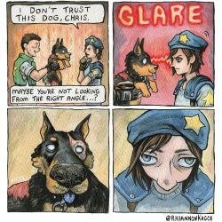  1boy 1girl absurdres animal artist_name beret black_gloves blue_eyes blue_hat brown_hair chris_redfield dog fingerless_gloves gloves hat highres holding holding_animal holding_dog jill_valentine resident_evil resident_evil_1 rhiannon_kagoe speech_bubble sweatdrop zombie_dog 