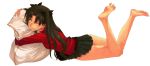  1girl barefoot dualscreen fate/stay_night fate_(series) feet highres legs morii_shizuki pillow pillow_hug smile solo tohsaka_rin toosaka_rin turtleneck 