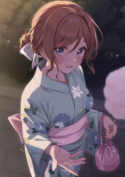  1girl bag blue_eyes blue_kimono blush brown_hair commentary cotton_candy courreges_ace floral_print floral_print_kimono food gakuen_idolmaster highres himesaki_rinami holding holding_bag holding_cotton_candy holding_food idolmaster japanese_clothes kimono looking_at_viewer obi print_kimono sash smile solo wide_sleeves yukata 
