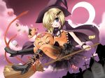  blonde_hair blue_eyes boots broom broom_riding candy flying graveyard halloween hat highres minase_lin moon night pumpkin short_hair wink witch witch_hat 
