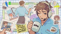  1boy :3 anger_vein animal animification beef_(dispatch) belt belt_buckle black_belt blue_shirt brown_hair brown_pants buckle chibi clipboard closed_eyes coffee_mug collared_shirt contrapposto cup dispatch dog english_text headphones headphones_around_neck headset holding holding_animal holding_clipboard holding_cup holding_dog holding_paper holding_photo looking_to_the_side mug multiple_views one_eye_closed open_collar pants paper photo_(object) rei100 robert_robertson shirt shirt_tucked_in short_hair sideways_glance sticker sticky_note 