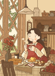  1girl apple autumn brown_hair closed_mouth commentary cup flower food fruit highres holding holding_cup indoors long_sleeves marunoki original pie red_flower red_sweater_vest shirt sitting smile solo sweater_vest symbol-only_commentary teapot vase white_shirt window 