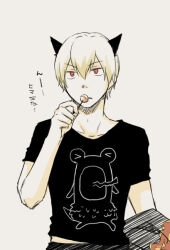  1boy animal_ears black_shirt blonde_hair candy cat_boy cat_ears chiya_(beastbeast) coat commentary_request food hair_between_eyes holding holding_candy holding_coat holding_food holding_lollipop holding_unworn_clothes lollipop looking_at_viewer male_focus priest_(ragnarok_online) ragnarok_online red_eyes shirt short_hair simple_background solo t-shirt translation_request unworn_coat upper_body 