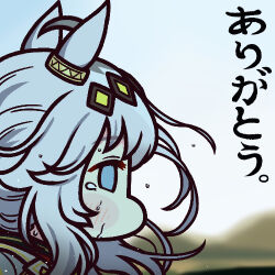  1girl ahoge animal_ears blue_eyes blush chibi from_side grey_hair hair_between_eyes horse_ears horse_girl jacket japan_racing_association jazz_jack long_hair lowres neckerchief official_alternate_costume oguri_cap_(cinderella_gray)_(umamusume) oguri_cap_(umamusume) photo-referenced poster_parody red_neckerchief solo sweat umamusume umamusume:_cinderella_gray upper_body white_jacket 