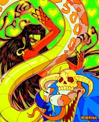  1girl ^_^ absurdres artist_name black_hair blue_neckerchief boa_hancock closed_eyes forked_tongue glint heart heneryque highres long_hair long_sleeves neckerchief one_piece red_shirt salome_(one_piece) sharp_teeth shirt sidelocks skull snake teeth tongue 