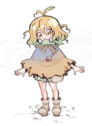  1girl :3 ahoge antenna_hair blonde_hair blush boots brown_eyes closed_mouth dr._stone e=mc2_(equation) food fruit full_body gradient_hair green_hair green_skirt hair_between_eyes highres looking_at_viewer medium_hair multicolored_hair ninomae_gin pleated_skirt poncho scarf simple_background skirt smile solo suika_(dr.stone) virtual_youtuber watermelon white_background yellow_eyes 
