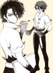  1boy absurdres belt black_hair closed_mouth cross-laced_clothes cross-laced_top dr._stone fingernails full_body greyscale_with_colored_background hair_between_eyes hand_on_own_hip highres holding holding_pen holding_pencil looking_at_viewer looking_back male_focus monochrome multiple_views nanami_sai ninomae_gin pants pen pencil scar sharp_fingernails shirt short_hair short_sleeves simple_background smile solo solo_focus standing torn_clothes upper_body yellow_background 