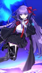  1girl bb_(fate) bb_(fate/extra) black_boots black_coat black_skirt blue_background boots breasts chain closed_mouth coat collared_shirt commentary_request fate/grand_order fate_(series) finger_to_mouth game_cg gloves hair_ribbon high-waist_skirt high_collar large_breasts legs_together long_hair long_sidelocks long_sleeves looking_at_viewer microskirt narrow_waist neck_ribbon official_art open_clothes open_coat panties pleated_skirt red_ribbon ribbon shirt sidelocks single_sidelock skirt smile solo thigh_boots thigh_gap third-party_source two-sided_coat two-sided_fabric two-sided_skirt underwear v-shaped_eyebrows very_long_hair violet_eyes wada_arco white_gloves white_panties white_shirt wide_sleeves wing_collar 