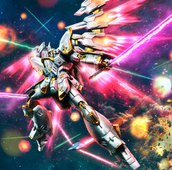  bit_(gundam) cal-re.a dual_wielding energy_sword energy_wings explosion funnels_(gundam) glowing glowing_eyes gold_trim gundam gundam_seed gundam_seed_freedom hiropon_(tasogare_no_puu) holding holding_beam_saber holding_sword holding_weapon mechanical_wings mobile_suit no_humans red_eyes robot science_fiction solo space sword weapon wings 