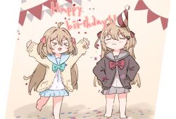  >_< 2girls :3 :d ahoge aqua_bow aqua_bowtie arms_up bare_legs barefoot black_cardigan blue_sailor_collar blue_serafuku blue_skirt bow bowtie brown_hair bunting cardigan closed_eyes closed_mouth confetti double-parted_bangs evil_neuro-sama facing_viewer grey_sailor_collar grey_serafuku grey_skirt hair_between_eyes hair_intakes hair_ribbon hands_on_own_hips happy_birthday hashtag-only_commentary highres kosame leg_up long_hair long_sleeves miniskirt multiple_girls neuro-sama outstretched_arms pink_ribbon pleated_skirt red_bow red_bowtie red_ribbon ribbon sailor_collar school_uniform serafuku shadow siblings sisters skirt sleeves_past_wrists smile smug standing standing_on_one_leg twins two_side_up v-shaped_eyebrows vedal_ai very_long_hair yellow_background yellow_cardigan 