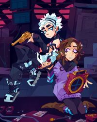  1boy 1girl aqua_boots arm_warmers black_arm_warmers black_nails black_pants black_pantyhose black_scarf bookmark boots brown_boots brown_hair cable closed_mouth commentary corvitorium dress ear_piercing english_commentary eyebrow_piercing eyelashes face_piercing fingernails flower golden_gun gun hair_flower hair_ornament highres holding holding_gun holding_screwdriver holding_weapon kneeling kurashiki_akane kyokugen_dasshutsu kyokugen_dasshutsu:_9_jikan_9_nin_9_no_tobira long_hair long_sleeves mismatched_eyebrows monitor nail_polish pants pantyhose piercing purple_dress santa_(kyokugen_dasshutsu) scarf screw screwdriver shirt sitting sleeveless sleeveless_shirt socks spoilers striped_clothes striped_socks thick_eyebrows two-tone_socks unworn_wristwatch watch watch weapon white_hair white_shirt 