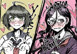  2girls ahoge blue_sailor_collar blush closed_mouth collarbone commentary danganronpa_(series) danganronpa_another_episode:_ultra_despair_girls english_commentary eyelashes four-finger_heart_hands fukawa_toko glasses green_eyes hair_between_eyes hatching_(texture) heart heart_hands highres long_hair messy_hair mossytrash multiple_girls naegi_komaru neckerchief nose_blush red_neckerchief round_eyewear sailor_collar short_hair simple_background smile sound_effects sweat two-tone_background v-shaped_eyebrows violet_eyes white_sailor_collar yuri 