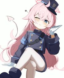  1girl absurdres ahoge alternate_costume arm_up armband black_boots black_hat black_jacket black_pants blue_archive blue_armband blue_eyes blush boots cheeckae cosplay cowboy_shot crossed_bangs crossed_legs demon_tail feet_out_of_frame gloves hair_ears hair_intakes halo hand_on_floor hashtag-only_commentary hat highres hikari_(blue_archive) hikari_(blue_archive)_(cosplay) hoshino_(blue_archive) invisible_chair jacket long_hair long_sleeves one_eye_closed pants pantyhose peaked_cap pink_hair pink_halo sitting solo tail very_long_hair white_gloves white_pantyhose 