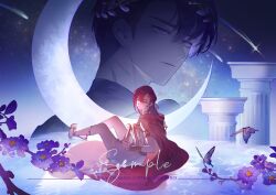  2boys absurdres ancient_greek_clothes armlet black_hair bracer bug butterfly cale_henituse cape circlet closed_mouth column crescent_moon flower flute full_body gladiator_sandals greco-roman_clothes hair_between_eyes harp highres holding holding_instrument instrument jewelry kim_rok_soo laurel_crown looking_at_viewer lout_of_count's_family male_focus moon multiple_boys night night_sky pillar purple_flower red_cape red_hair sample_watermark sandals scar shooting_star short_hair shyllene0112 sitting sky smile star_(sky) starry_sky toga water watermark weibo_username weibo_watermark 