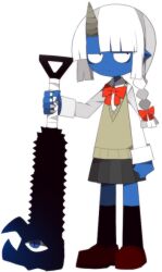  1girl black_socks blue_oni blue_skin bow bowtie braid club_(weapon) colored_skin expressionless full_body funamusea funamusea_(artist) grey_skirt hair_bow holding holding_club holding_weapon horns kanabou kiheki_(funamusea) living_weapon long_sleeves official_art oni pleated_skirt red_bow red_bowtie red_shoes school_uniform shirt shoes side_braid simple_background single_horn skirt socks solo standing sweater_vest twin_braids weapon white_background white_hair white_shirt wide-eyed yellow_sweater_vest 