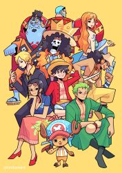  2girls 6+boys absurdres arm_tattoo bag bandana_around_arm bikini bikini_top_only black_hair blonde_hair blue_skin boots brook_(one_piece) buzz_cut chest_tattoo colored_skin commentary crossed_legs crown curly_eyebrows franky_(one_piece) full_body geta green_hair green_kimono half_updo haramaki hat high_heels highres hood japanese_clothes jinbe_(one_piece) kimono long_hair long_nose looking_at_viewer monkey_d._luffy multiple_boys multiple_girls nami_(one_piece) nico_robin one_eye_closed one_piece orange_hair pink_sarong red_sash roronoa_zoro sanji_(one_piece) sarong sash satchel scar scar_on_chest short_hair sideburns sitting skeleton smile stitched_torso stitches straw_hat straw_hat_pirates swimsuit tattoo timtam tongue tongue_out tony_tony_chopper twitter_username usopp v-shaped_eyebrows very_short_hair yellow_background yellow_sash 