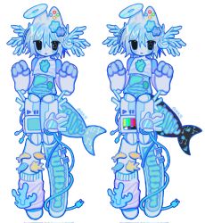  1other adoptable androgynous animal_ears cable cable_tail candy cd cd_halo commentary coral cyber_fashion english_commentary fins fish fish_tail food frutiger_aero halo head_wings highres humanoid_robot konpeitou leg_warmers mechanical_tail multiple_views original other_focus retrofuturism robot see-through_body short_hair simple_background standing tail television white_background white_hair wings yukiecookii 