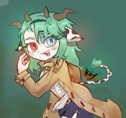  1girl :3 animal_ears aqua_eyes bell black_skirt blush brown_coat coat commentary cow_ears cow_girl cow_horns cow_tail cowbell crelly_(vtuber) eyelashes green_background green_hair hair_ornament hairclip heterochromia highres horns indie_virtual_youtuber long_hair long_sleeves mikeylokey mole mole_under_mouth neck_bell open_clothes open_coat open_mouth red_eyes shirt signature skirt smile solo tail teeth upper_teeth_only vest white_shirt 