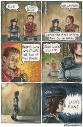  1boy 1girl absurdres artist_name barry_burton beard_stubble beret black_gloves blue_hat blue_shirt brown_hair chain facial_hair fingerless_gloves gloves hashtag-only_commentary hat highres jill_valentine joint_(drug) resident_evil resident_evil_1 rhiannon_kagoe shirt shoulder_pads speech_bubble stubble tears 