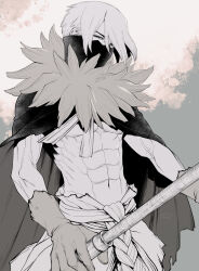  1boy abs black_mask cape cloak covered_mouth cowboy_shot dr._stone fur_collar fur_trim gloves grey_background greyscale half-closed_eyes highres holding holding_polearm holding_weapon hyoga_(dr._stone) looking_at_viewer male_focus mask monochrome mouth_mask muscular muscular_male navel ninomae_gin pectorals polearm short_hair sidelocks signature simple_background solo weapon 