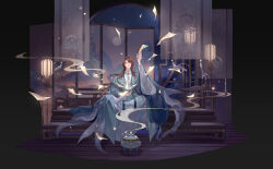  1boy absurdres aqua_coat black_background book brown_eyes brown_hair chinese_clothes chinese_commentary closed_mouth coat commentary_request couch curtained_hair curtains daxiushan earrings facing_viewer flying_paper folding_screen full_body hand_up hanfu highres holding holding_book holding_paper hua_chen hua_yi_shanxin_zhiyue incense_burner indoors jewelry kusariling lamp light_particles long_hair long_sleeves looking_up male_focus night official_art on_couch open_book paper robe round_window single_earring sitting sky smile smoke solo star_(sky) starry_sky straight-on swept_bangs tassel teardrop_earrings white_robe wide_sleeves window wooden_floor yaopei yuanlingpao 