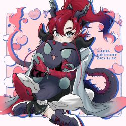  1boy arknights bead_bracelet beads black_shoes blue_hair bracelet colored_extremities commentary dated dragon_boy dragon_bubble_(arknights) dragon_horns dragon_tail full_body gradient_hair grey_eyes grey_shirt happy_birthday heart highres holding holding_stuffed_toy horns indian_style jewelry long_hair long_sleeves male_focus multicolored_hair pants pink_background pointy_ears ponytail red_hair red_hands samedouraku3 shirt shoes simple_background sitting solo stuffed_toy symbol-only_commentary tail white_pants wide_sleeves yu_(arknights) 