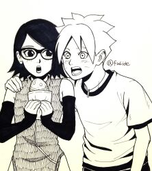  1boy 1girl arm_warmers boruto:_naruto_next_generations commentary_request eating food glasses hatching_(texture) highres holding holding_food jewelry marker_(medium) matsu_(fu6ide2) monochrome naruto_(series) necklace open_mouth shirt t-shirt taiyaki traditional_media twitter_username uchiha_sarada uzumaki_boruto wagashi 
