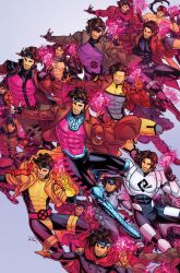  1boy abs armor black_bodysuit black_gloves black_sclera blue_background bodysuit brown_coat brown_hair card chest_hair coat colored_sclera comic_cover commentary covered_abs english_commentary facial_hair fingerless_gloves gambit gloves glowing_card highres holding holding_card looking_at_viewer male_focus marvel multiple_persona muscular muscular_male navel official_alternate_costume official_art pink_armor playing_card ponytail red_eyes russell_dauterman short_hair smirk superhero_costume topless_male trench_coat white_armor x-men yellow_gloves 