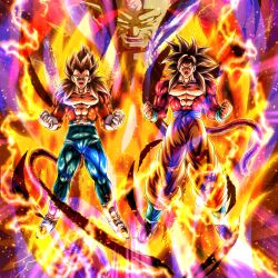  absurdres black_hair blue_sash body_fur dougi dragon_ball dragon_ball_gt dragon_ball_legends goldie8210 highres long_hair looking_at_viewer male_focus monkey_boy monkey_tail multiple_boys muscular muscular_male no_nipples omega_shenron pants pectorals red_fur saiyan sash son_goku spiky_hair super_saiyan super_saiyan_4 tail vegeta yellow_pants 