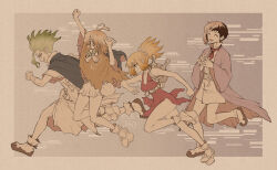  2boys 2girls :3 ^_^ antenna_hair asagiri_gen backpack bag bandaged_arm bandages belt black_hair blonde_hair blue_cape boots bow bowtie breasts brown_hair cape closed_eyes curly_hair dr._stone dress e=mc2_(equation) fingernails gradient_hair green_hair grey_background hands_up high_heels high_ponytail highres interlocked_fingers ishigami_senkuu japanese_clothes kohaku_(dr._stone) long_hair medium_hair multicolored_hair multiple_boys multiple_girls ninomae_gin open_mouth ponytail red_bow red_bowtie red_dress running sandals shield short_dress short_hair sidelocks signature simple_background skirt smile spiky_hair suika_(dr.stone) two-tone_hair weapon white_belt white_boots yellow_cape 