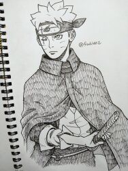  1boy boruto:_two_blue_vortex cloak collared_cloak commentary_request facial_mark forehead_protector frown hatching_(texture) headband highres male_focus marker_(medium) matsu_(fu6ide2) monochrome naruto_(series) one_eye_closed photo_(medium) scar scar_across_eye scar_on_face serious solo sword traditional_media twitter_username upper_body uzumaki_boruto weapon whisker_markings 