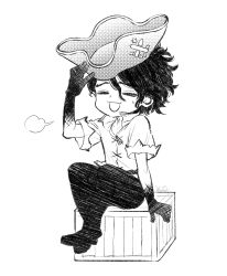  1boy :d adjusting_clothes adjusting_headwear black_bow bow box chibi chibi_only closed_eyes collarbone crate curly_hair dr._stone full_body greyscale hand_on_own_head hand_up hat highres holding male_focus monochrome nanami_sai ninomae_gin open_mouth pants pirate pirate_hat puff_of_air shirt short_hair short_sleeves sigh simple_background sitting sitting_on_object smile solo sweat sweatdrop treasure_chest white_background 