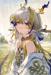 1girl ai-generated aqua_eyes arknights bare_shoulders blonde_hair blue_hair blush closed_mouth commentary_request coring_x dragon_girl dragon_horns earrings eyeliner forest grey_jacket grey_tube_top hair_intakes highres horns jacket jewelry long_hair looking_at_viewer makeup multicolored_hair nature necklace off_shoulder orange_eyeliner pointy_ears shirt shu_(arknights) solo strapless strapless_shirt tube_top very_long_hair white_hair 